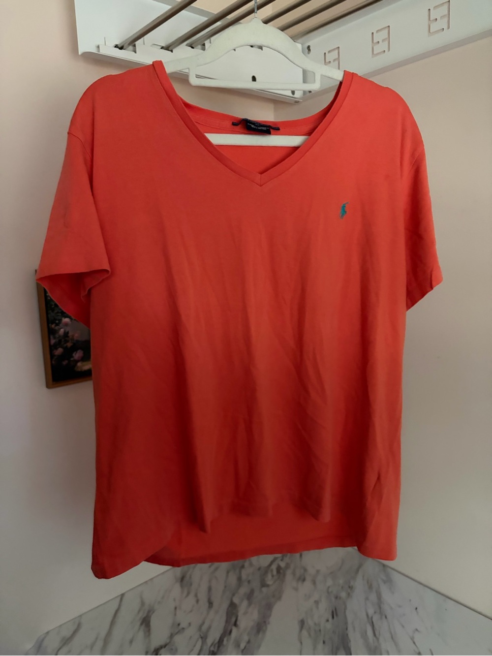 Ralph Lauren Sport Womens XL V Neck T Shirt Orange Teal Pony Cotton Tee⁠